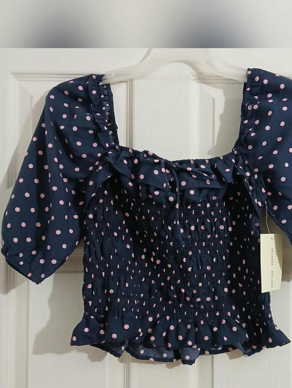 frankee & skylarr navy blue smocked blouse with blush pink  dots